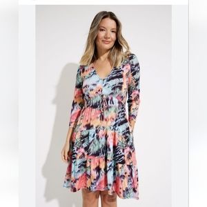 Joseph Ribkoff Tropical Print Dress V -Neck Long Sleeves Style 231225 New
